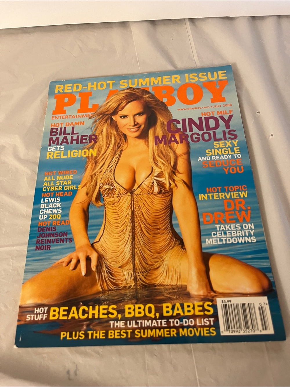 PLAYBOY Cover - Orange & Blue Beach Theme Featuring Cindy Margolis July 2008